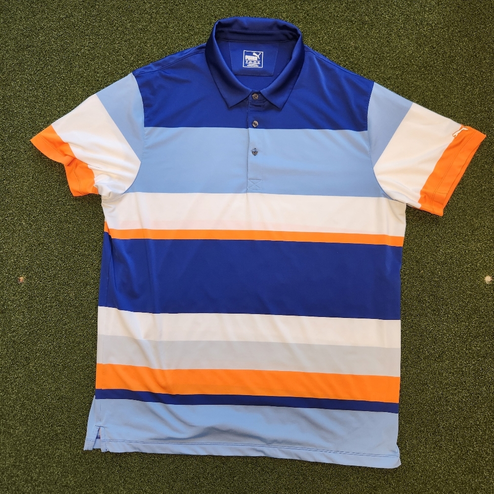 Men's Puma Golf Polo Size XL Dry Cell Blue, White , & Orange Excellent Condition